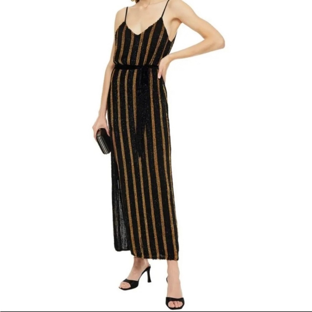 NWT Retrofête Woman Rebecca Velvet-Trimmed Striped Sequined Chiffon Maxi